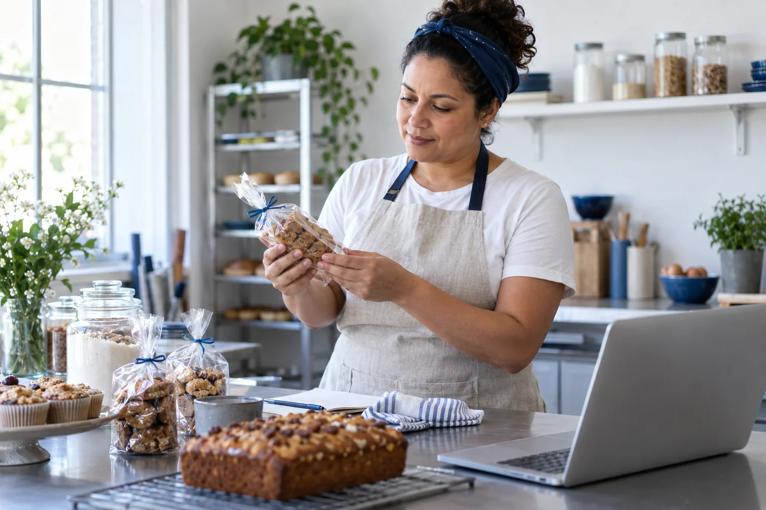 Imagem ilustrativa de empreendedora conferindo a embalagem de um produto em uma cozinha