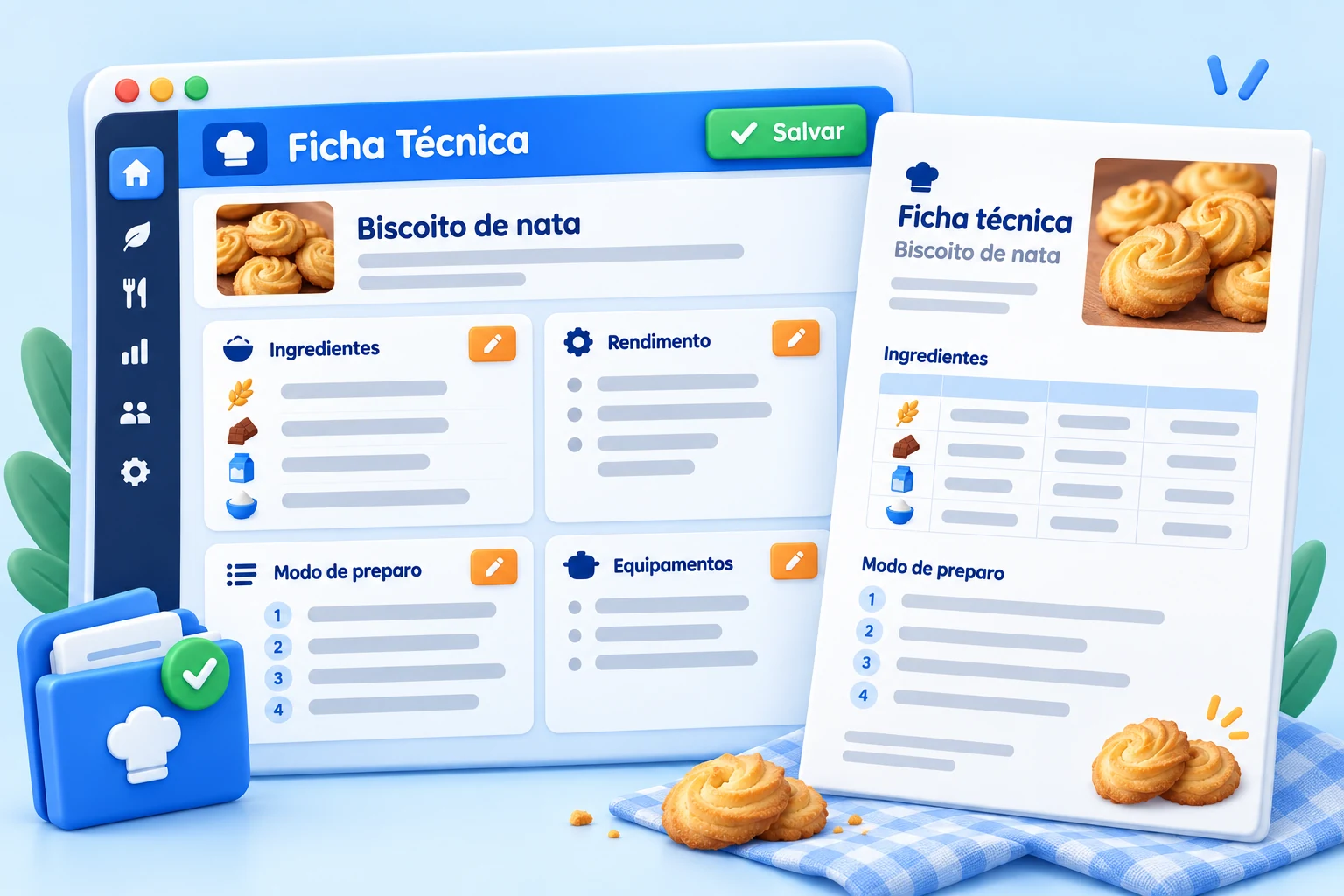 Ilustração da tela de ficha técnica e do relatório de Biscoito de nata, com ingredientes, rendimento, equipamentos e etapas de preparo.
