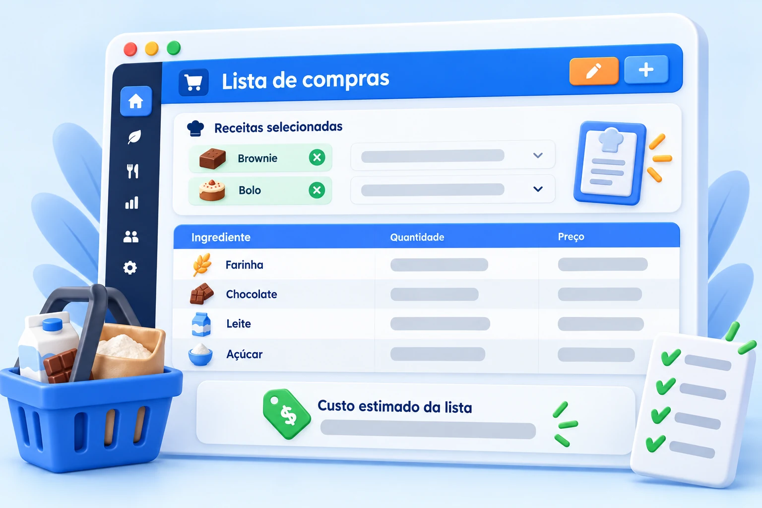 Ilustração da lista de compras com receitas selecionadas, ingredientes, quantidades, preços e custo estimado total.