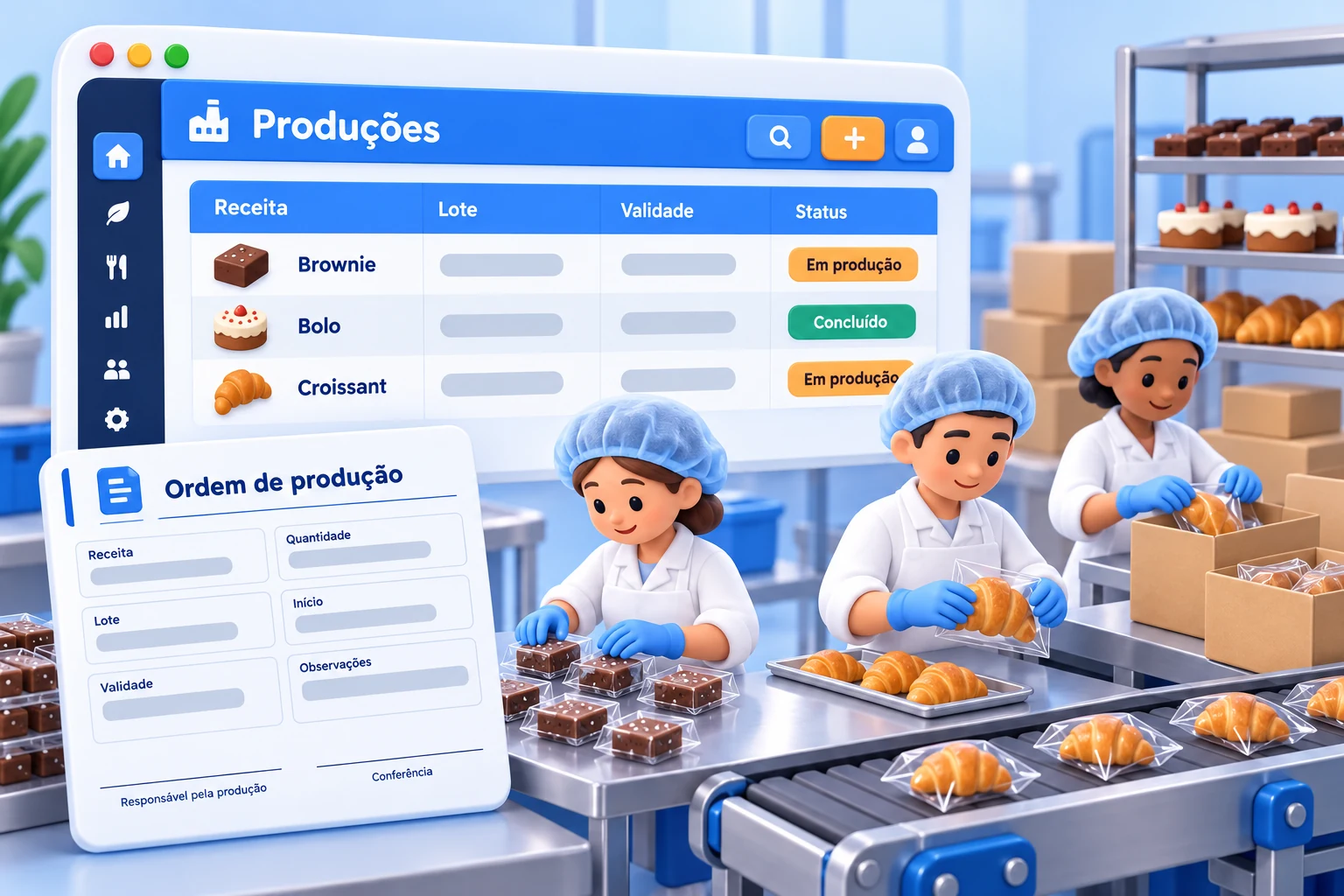 Ilustração integrada da tela de produções, documento de ordem de produção e equipe em uma linha de produção de alimentos.