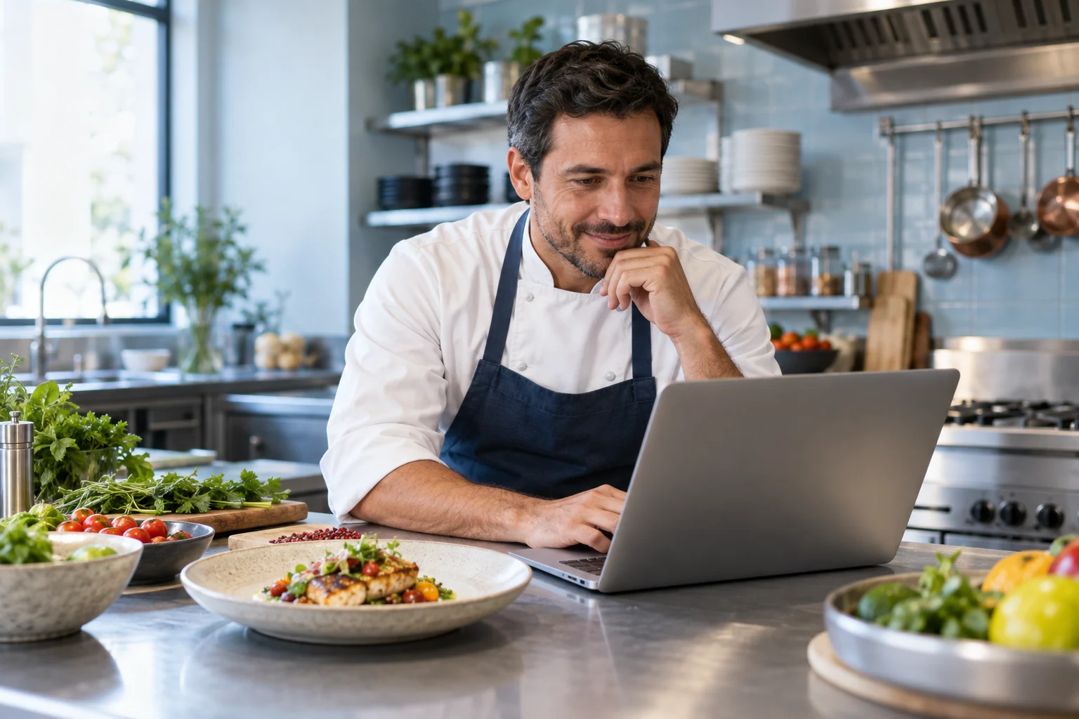 Cozinheiro utilizando um computador em uma cozinha profissional, ao lado de ingredientes