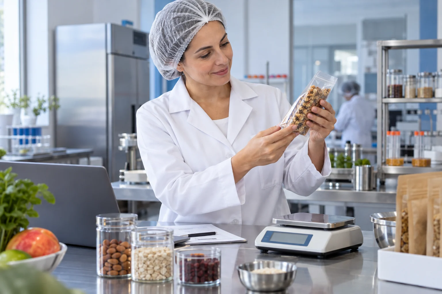 Engenheira de alimentos analisando uma amostra em ambiente de desenvolvimento de produtos