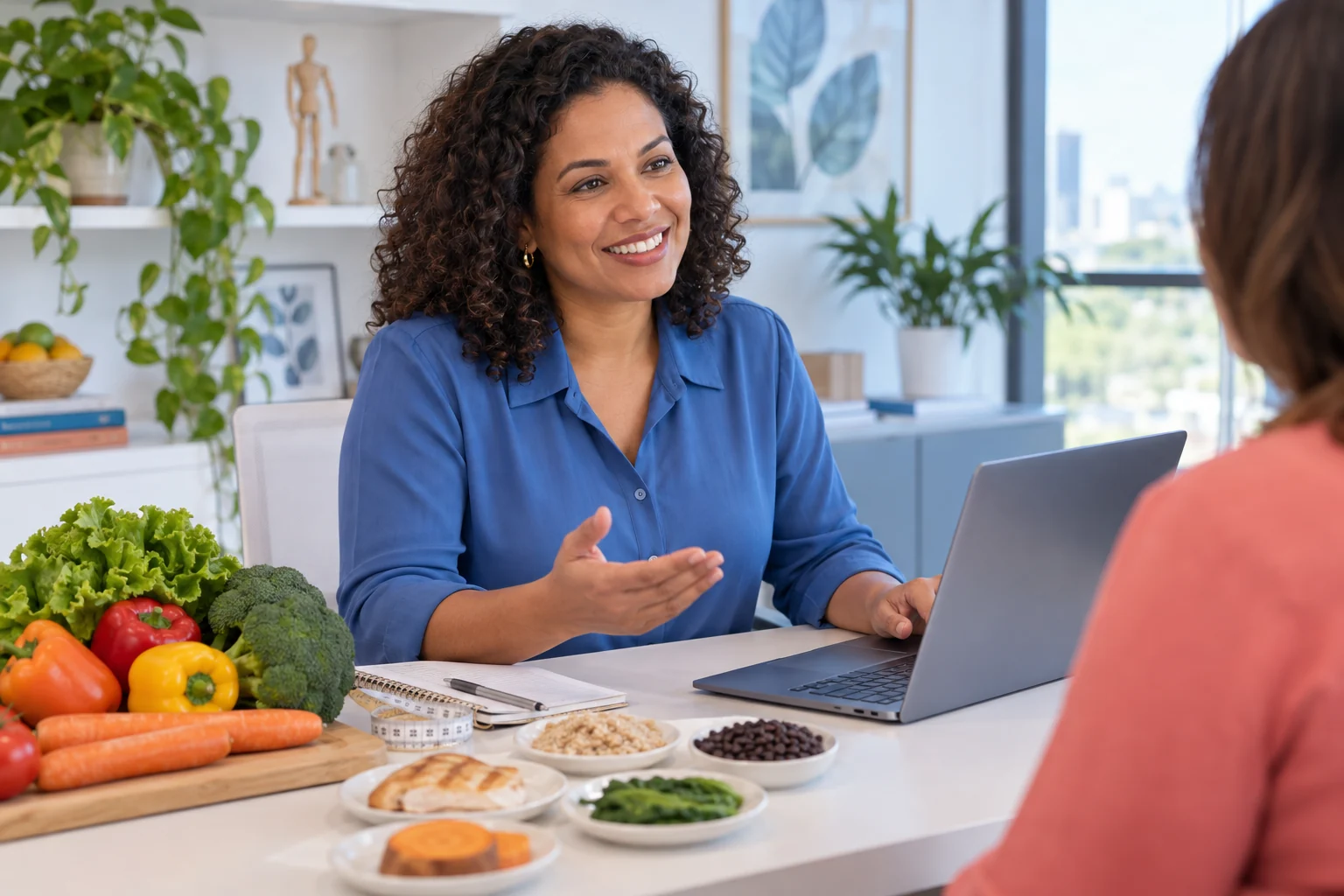 Nutricionista utilizando um computador durante um atendimento em seu consultório