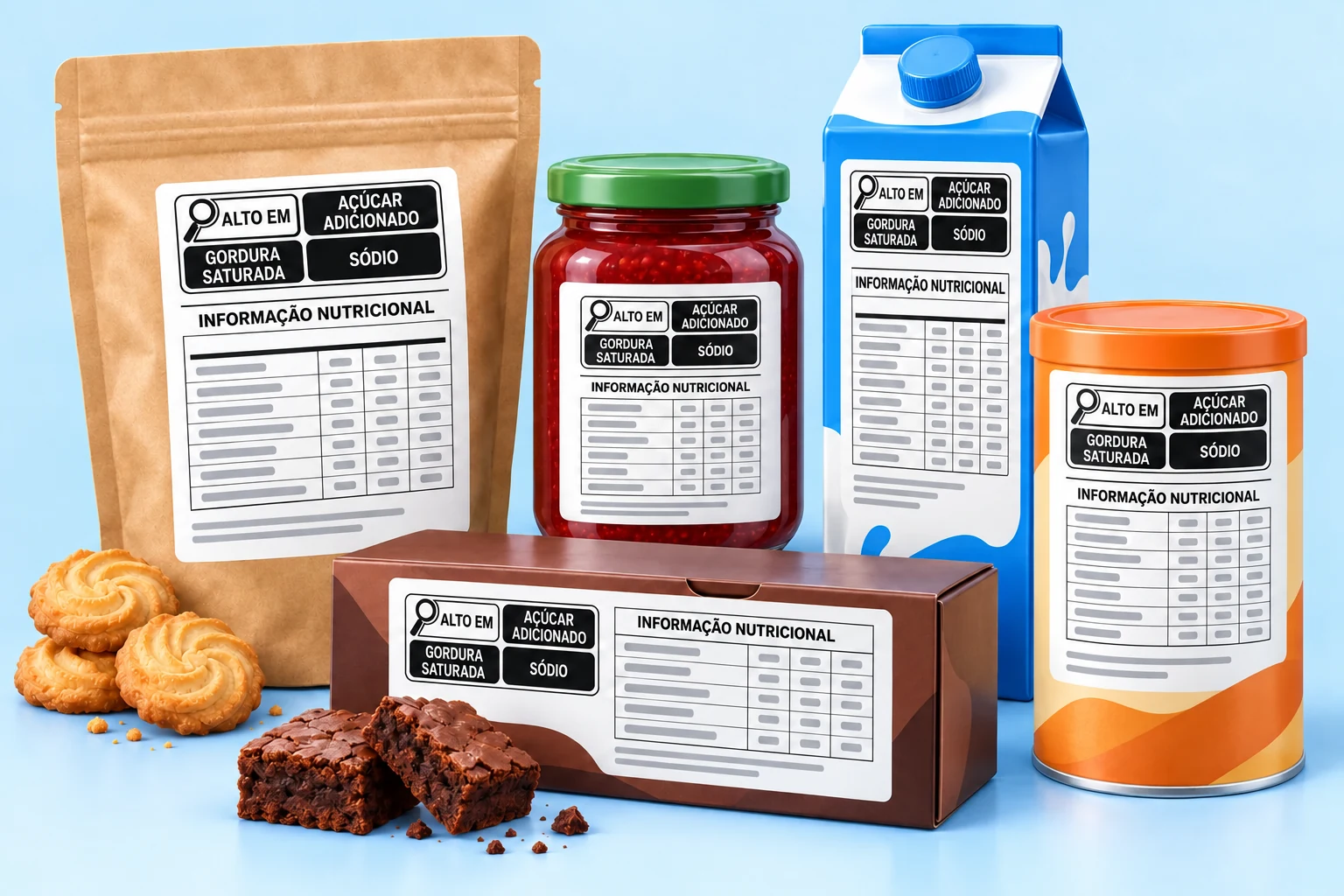 Ilustração de diferentes embalagens de alimentos com tabelas nutricionais e alertas frontais em rótulos de vários formatos.