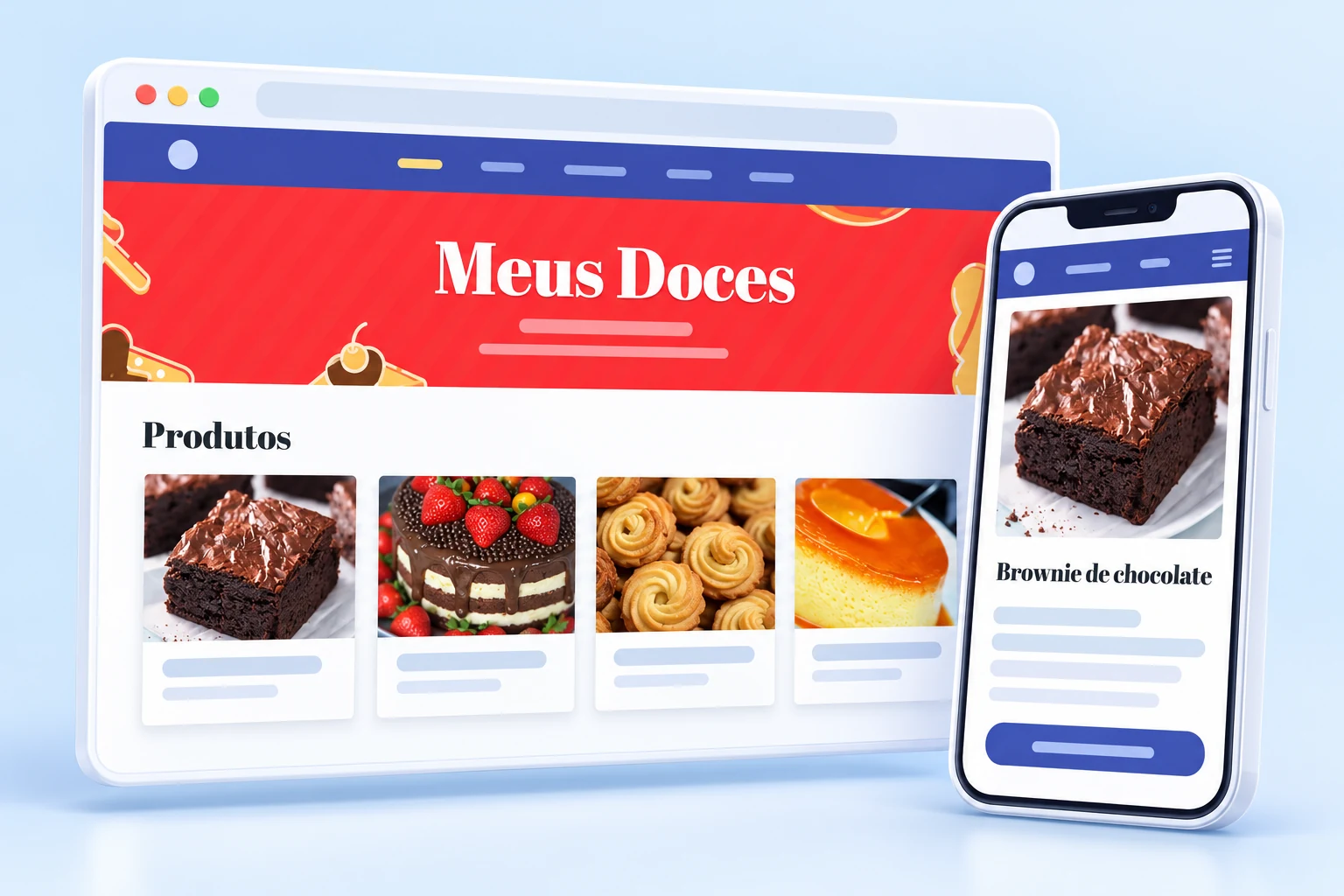 Ilustração de um site de doces criado na plataforma, com catálogo de produtos no computador e página de brownie no celular