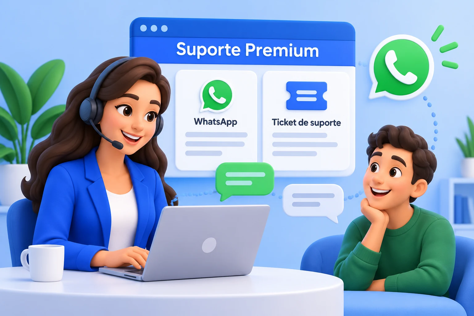 Ilustração do suporte humano do Tabela e Ficha, com atendente, cliente, WhatsApp e ticket de suporte.